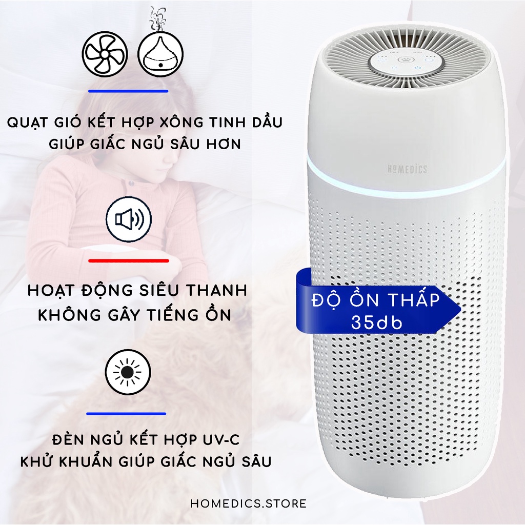 Máy lọc không khí khử mùi và lông động vật Homedics AP-PET35-WT của Nhà HT Beauty, màng lọc Hepa loại bỏ 99% vi khuẩn