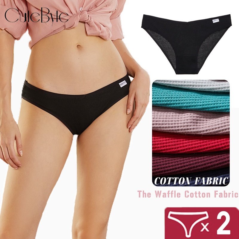 Cute Byte Bộ 2 Quần Lót Cotton Mềm Mại Thoáng Khí Kẻ Sọc Caro Màu Trơn Hình Chữ V Dễ Thương Cho Nữ