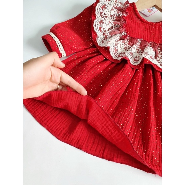Váy Xô Muslin Đỏ Phối Ren, Body Váy Tơ Đỏ Nơ Xinh Xắn Cho Bé Gái Sơ Sinh