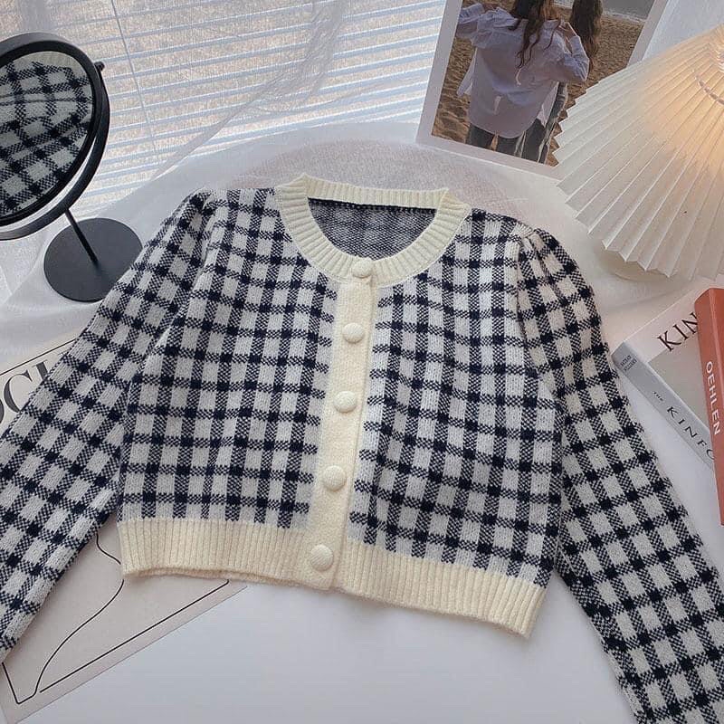 Áo crotop cardigan len kẻ caro ô vuông