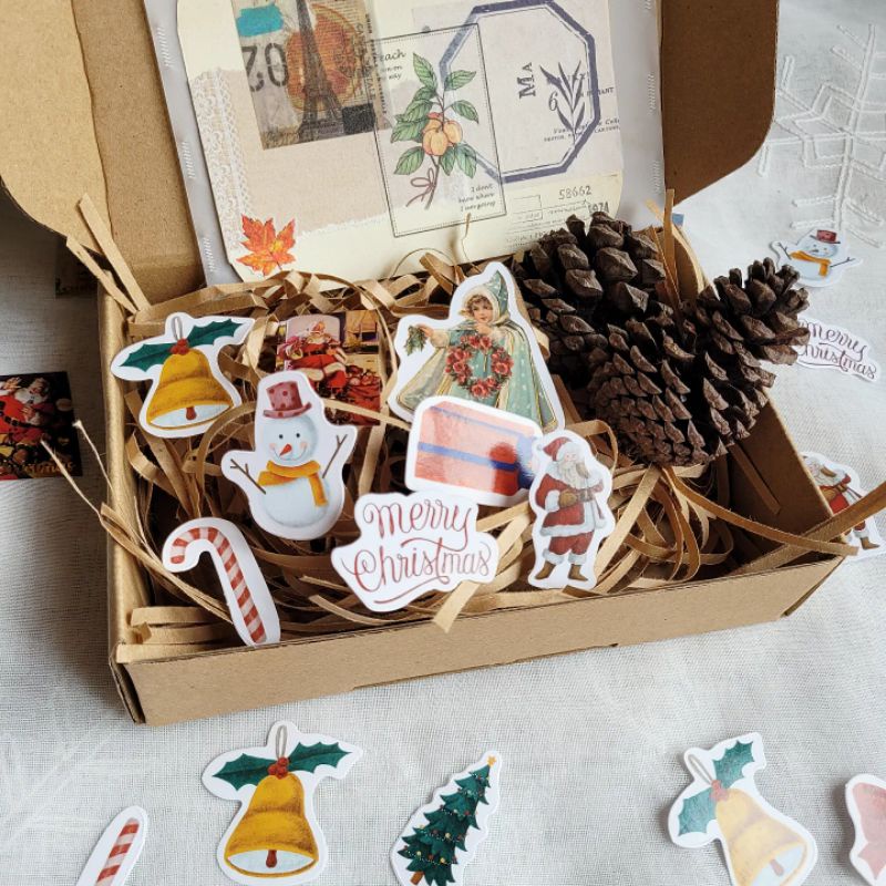 Hộp quà Noel kèm rơm - dây thừng - giấy pelure tự decor phong cách vintage chúc mừng Christmas Giáng Sinh