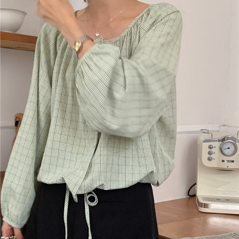SUXI Áo Kiểu Tay Dài Cổ Tròn Dáng Rộng Kẻ Sọc Phối Dây Rút Thời Trang Hàn Quốc Cho Nữ