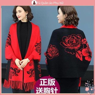 Áo khoác cardigan len nhung dệt kim thời trang cho nữ mặc hai mặt có khăn choàng hoa mẫu đơn với khăn choàng dệt kim giữa chiều dài trung bình