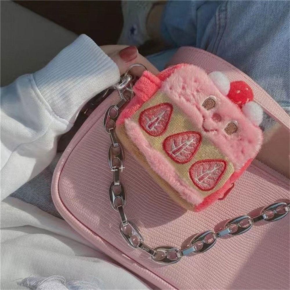 FALLFORBEAUTY Ví Đựng Tiền Xu Mini Thêu Họa Tiết Trái Dâu Dễ Thương Kèm Móc Khóa Tiện Dụng