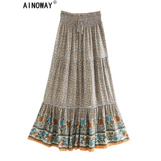 Chân Váy Maxi Cotton Lưng Thun In Họa Tiết Hoa Phong Cách Bohemian Cổ Điển Thời Trang Đi Biển Cho Nữ