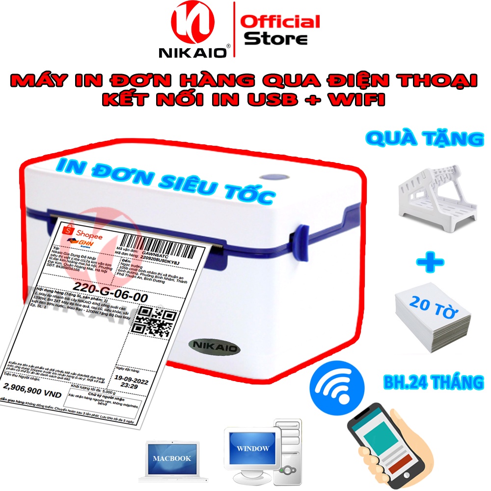 Máy In Nhiệt NIKAIO In Đơn Hàng, Hóa Đơn, Tem Mã Vạch, Phiếu Gửi, Logo Tự Dán-Kết Nối USB,WIFI, Tốc Độ In 1 Đơn/s NKT-23