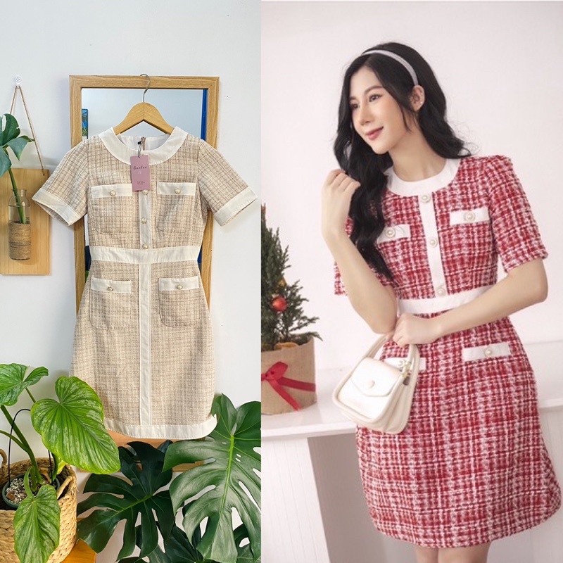 Váy Dạ Tweed Đỏ và Trắng Gaolee Chất liệu Dạ Mặc Noel Hoặc Dịp Lễ Tết Xinh Xuất Sắc