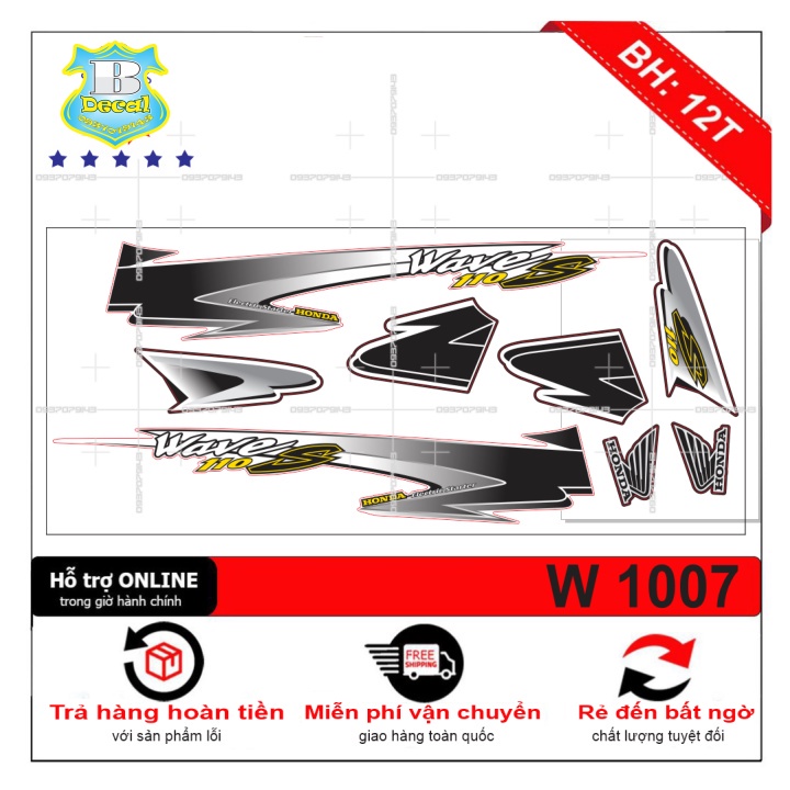 DECAL PVC 5 LỚP CHẤT LƯỢNG CAO Tem rời wave nhỏ đời đầu S110 trắng đen