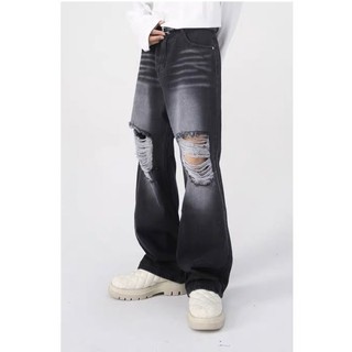 Quần jeans nam cao cấp jean ống suông rách gối màu đen wash
