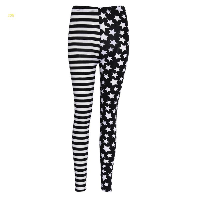 Quần Legging Co Giãn Lưng Cao Họa Tiết Kẻ Sọc Và Ngôi Sao Cho Nữ