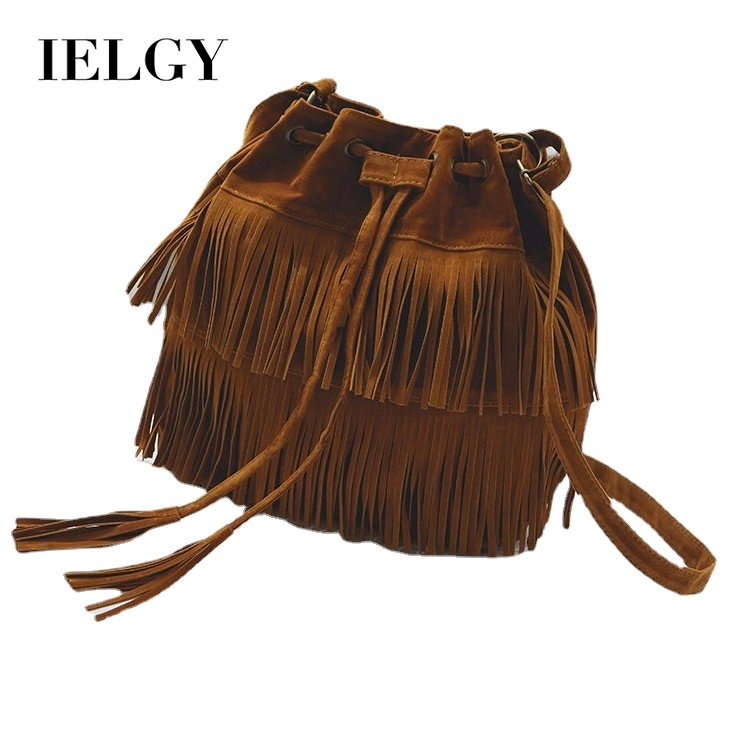 IELGY Túi Xách Rút Dây Đeo Chéo Mềm Mại Phối Tua Rua Thời Trang Cho Nữ