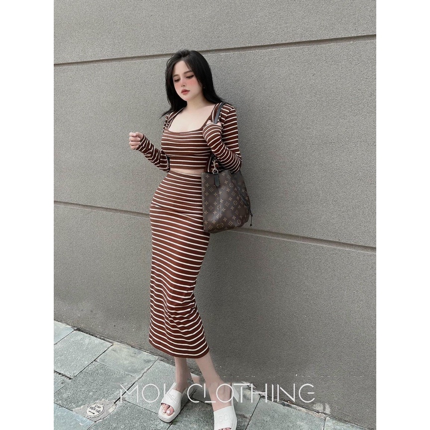 [12/12 Sale Freeship] Set bộ ba món nữ,set bộ chất thun gân áo hai dây trong kèm áo khoác dài tay mix chân váy dài mtb