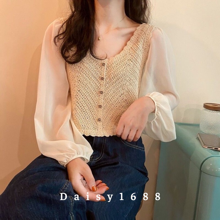 Áo Kiểu Basic Phối Voan Dài Tay Thanh Lịch Cho Nữ, Có Sẵn Daisy1688