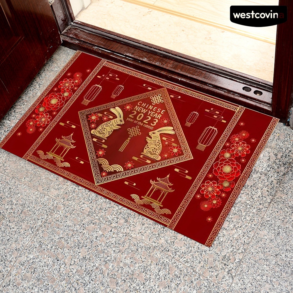 [Hot]☃Thảm Chùi Chân Chống Trượt Bằng Polyester Mềm Mại Họa Tiết Thỏ Phong Cách Trung Hoa