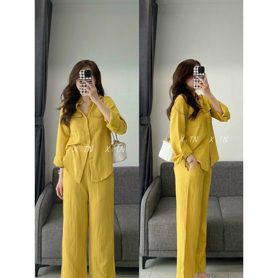 Set sơ mi nữ dài tay phối quần suông dài chất vải đũi gân mát mẻ, thoải mái dành cho các nàng đi chơi, đi học siêu xinh