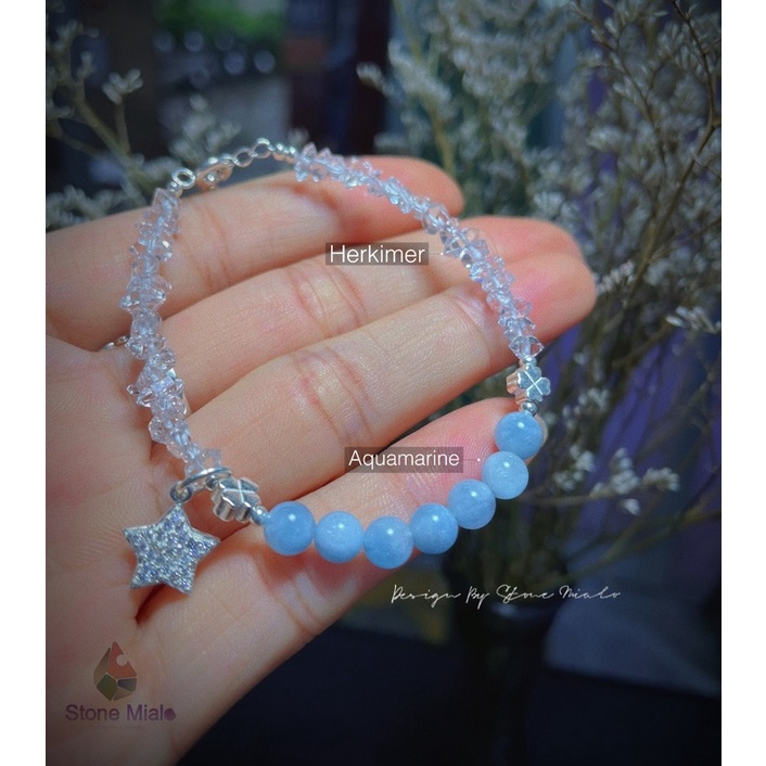 Vòng đeo tay Aquamarine - Herkimer may mắn cho mạng thuỷ/Mộc