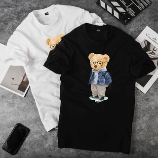 Áo thun unisex tay lỡ nam nữ, áo phông Oversized Họa tiết gấu Cute Form rộng, 100% Cotton