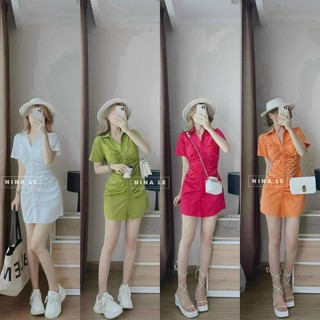 [11.11 Sales Freeship] Đầm sơ mi tay ngắn rúm eo dáng ngắn, đầm sơ mi basic trơn màu nhún eo đi chơi dạo phố xinh xắn
