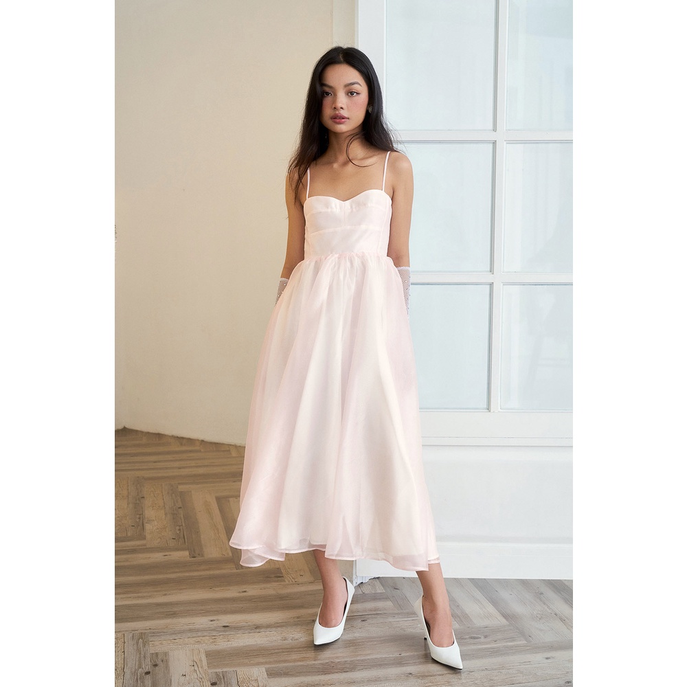 DOTTIE - Đầm midi cúp ngực vải organza nữ hồng nhạt D0426