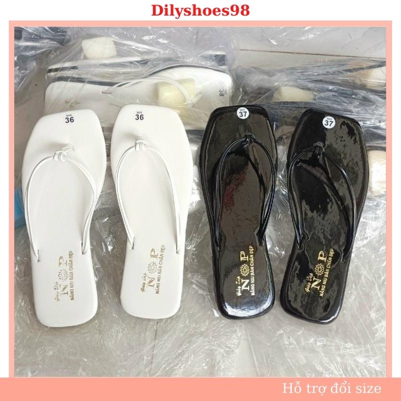 Dép xỏ ngón quai mảnh hai dây da bóng thời trang mũi vuông đế chống trượt