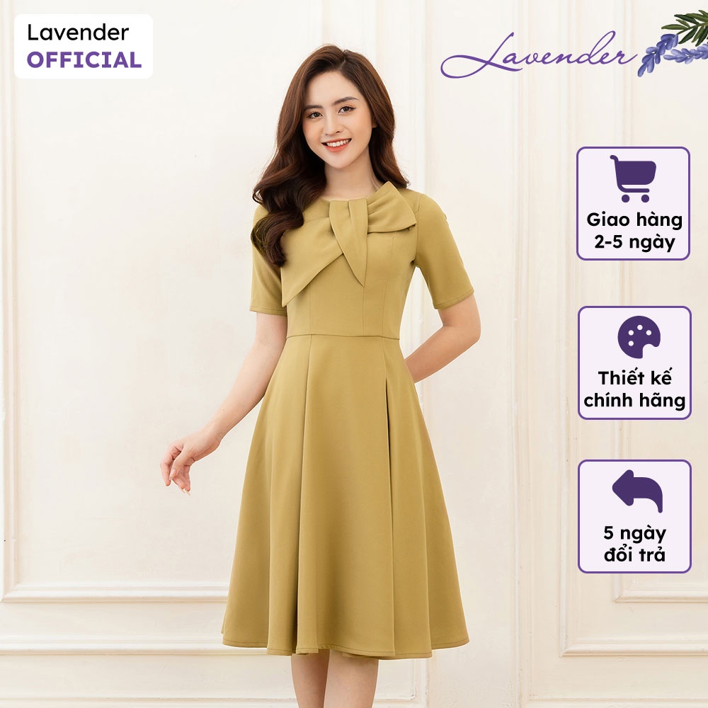 Đầm công sở thiết kế LAVENDER vàng cốm dáng xòe phối nơ ngực D2743