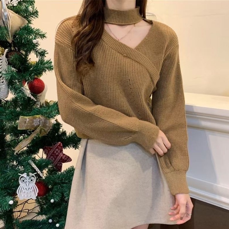 Áo Len Áo Croptop Nữ Tay Dài Trễ Vai Phong Cách Giáng Sinh