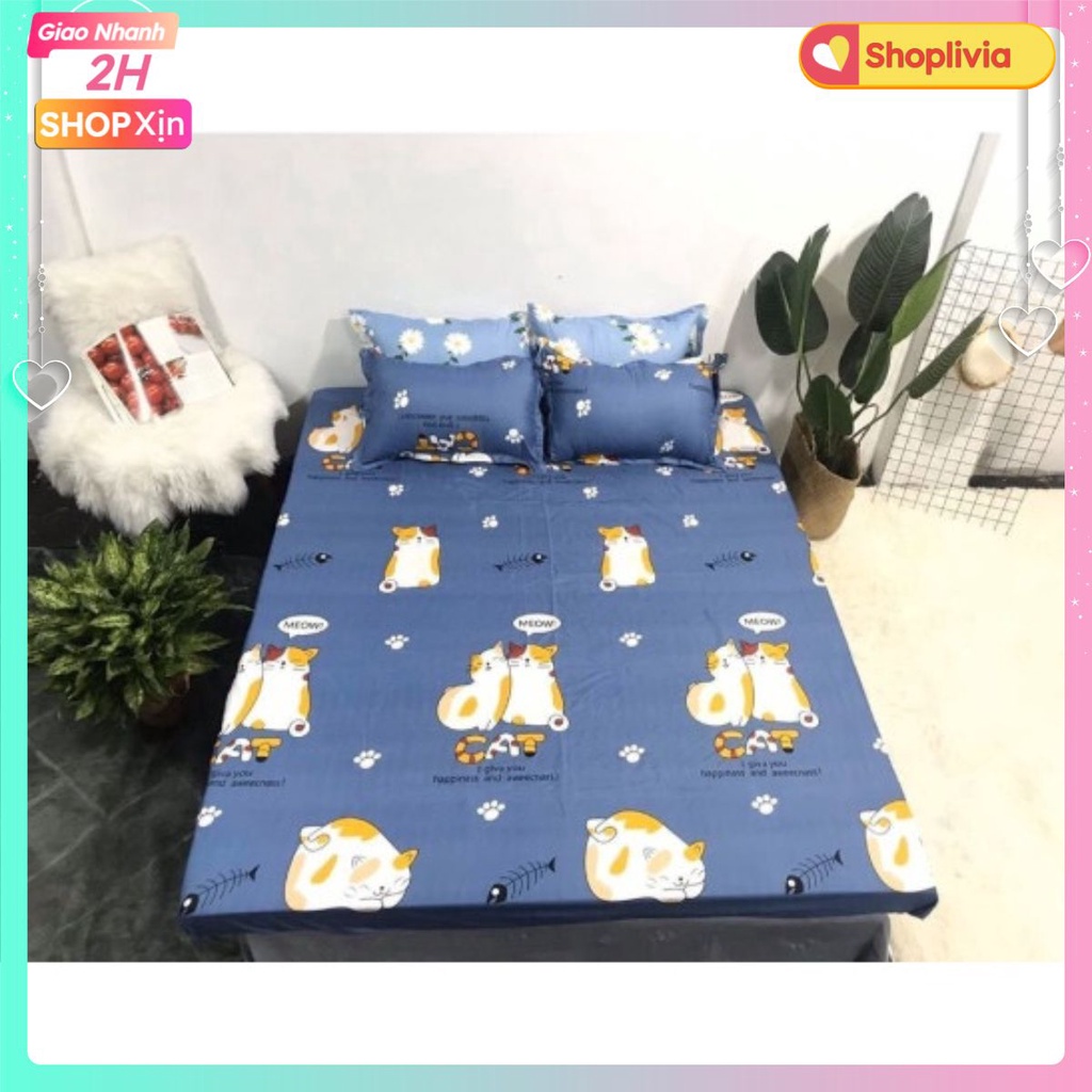 Drap ga trải giường siêu xinh 1m2x2m,1m4x2m,1m6x2m,shoplivia[mẫu mèo xanh đôi]