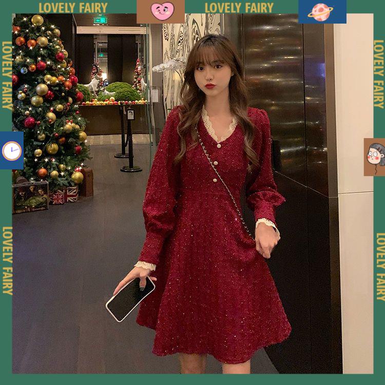 🎀váy babydoll dáng dài váy mùa đông cho nữ váy tiểu thư Đầm Nữ Dáng Dài Cổ Chữ v Thời Trang Thu Đông Phong Cách Pháp Sang Trọng Cho Nữ