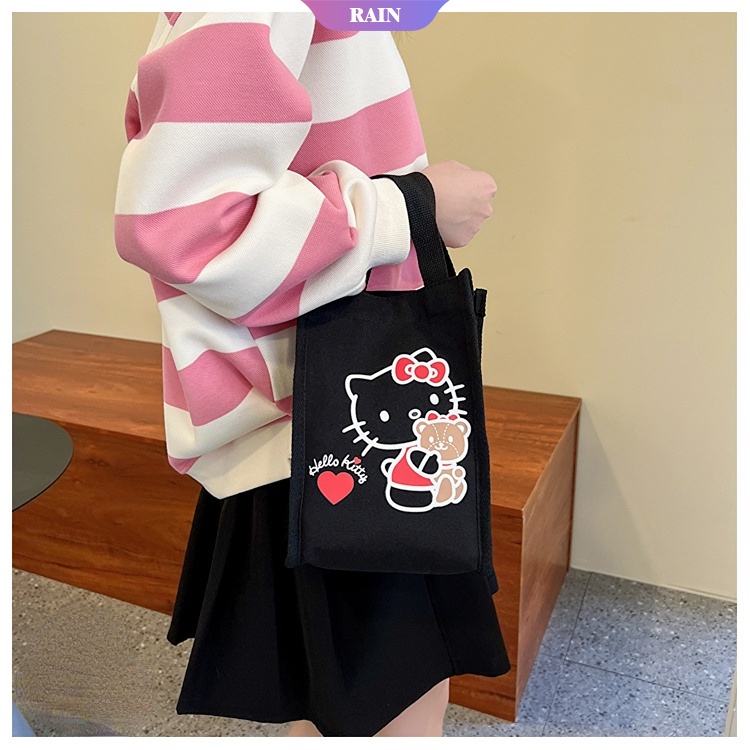 Túi Xách Vải Canvas In Hình Sanrio Hello Kitty Đựng Ly Nước Trái Tim Đồ Ăn Vặt Cho Nữ