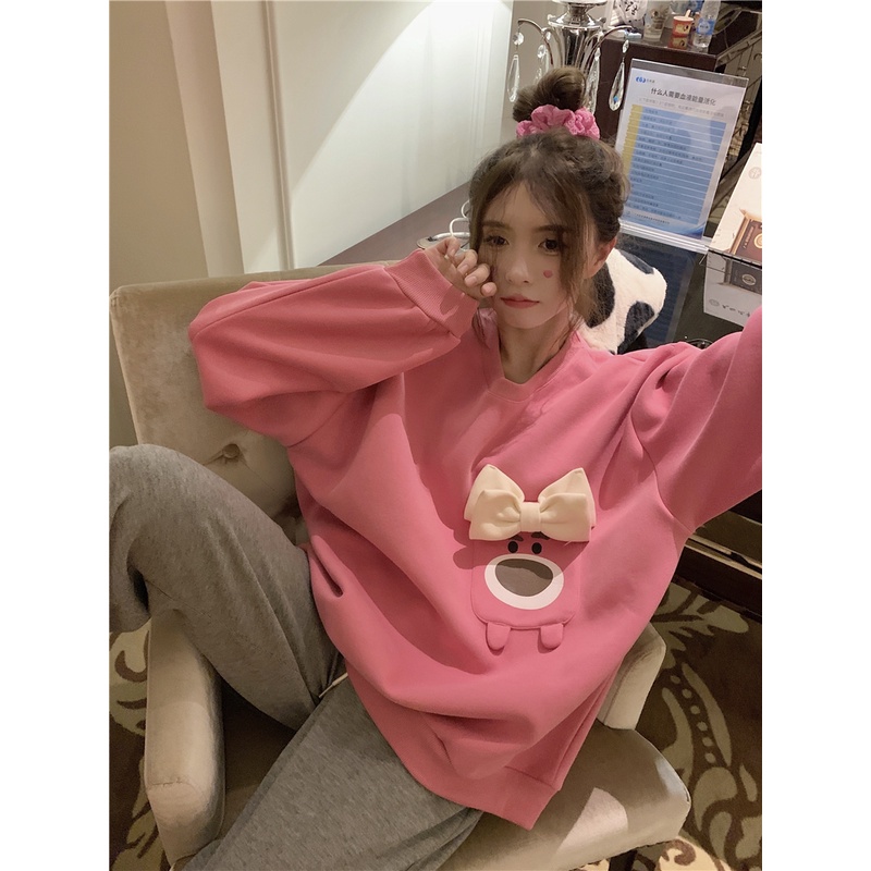 Porozi Áo sweater  tay dài cổ tròn đính nơ phong cách Hàn Quốc xinh xắn cho nữ