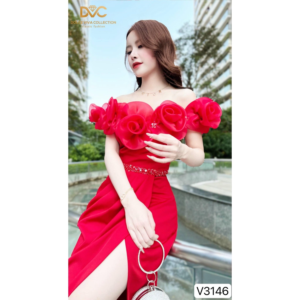 Váy dự tiệc trễ vai đính hoa nổi xẻ tà thiết kế cao cấp V3146- DVC