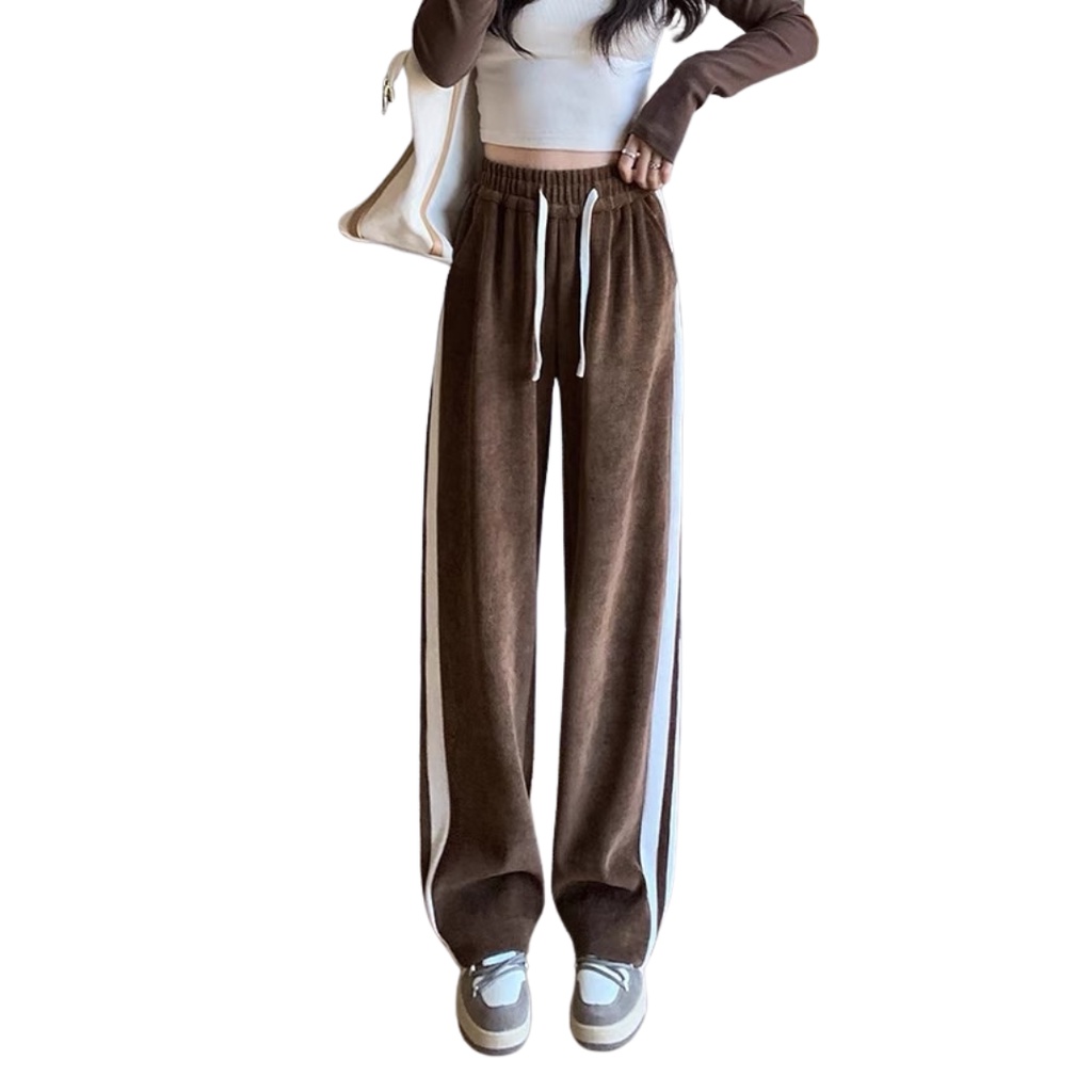 Quần dài ông rộng chất nhung tâm thu đông cao cấp  2 sọc viền from unisex nam nữ. Hình Thật thể thao.