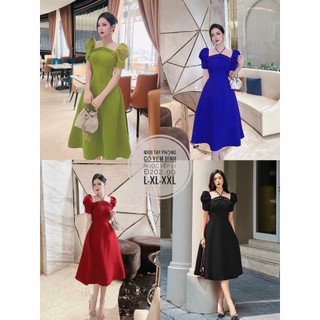Đầm midi bigsize 55-90kg tay phồng cổ yếm mặc đi chơi đi tiệc đều được - BZ112