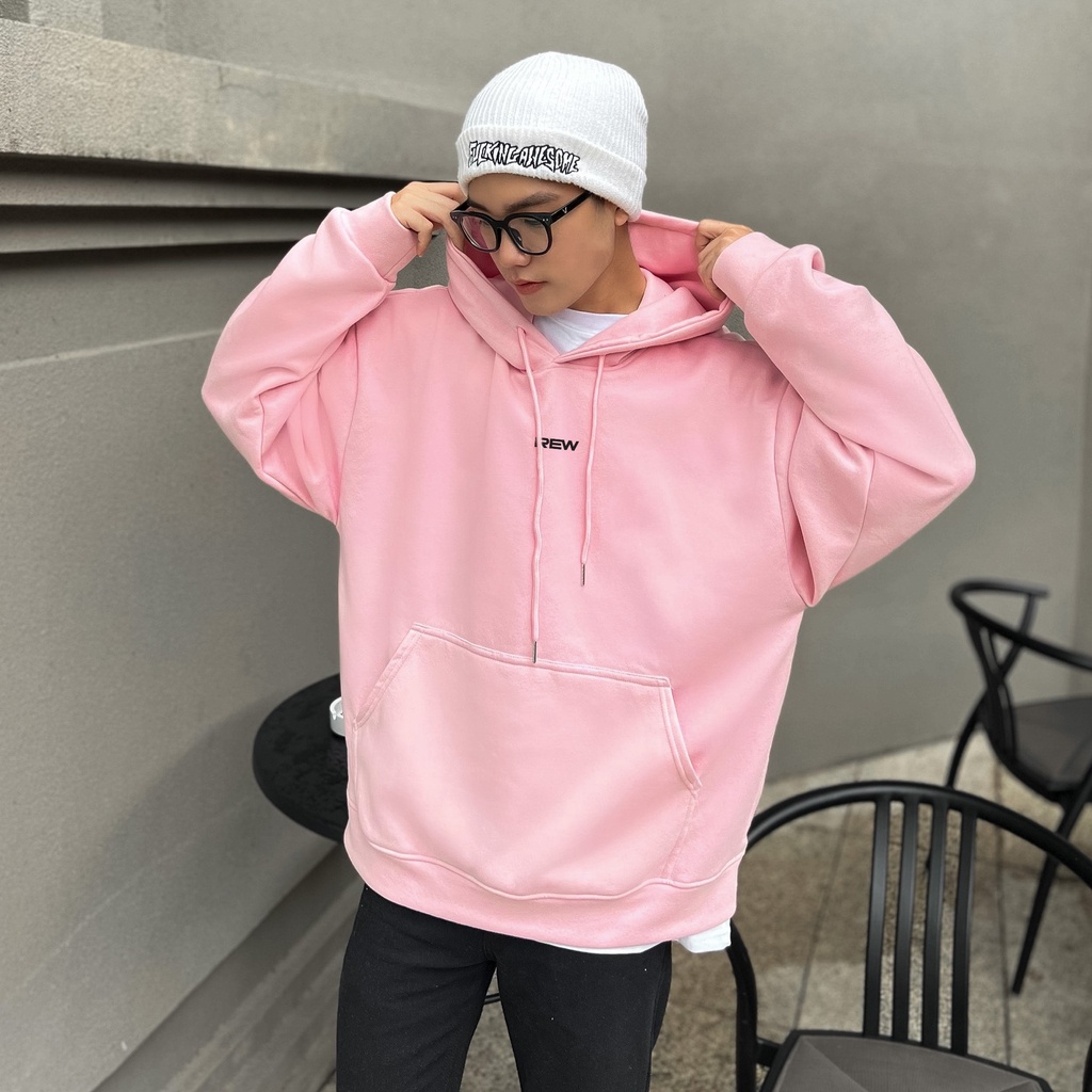 Áo Hoodie hồng ghi form rộng 100% Cotton REW