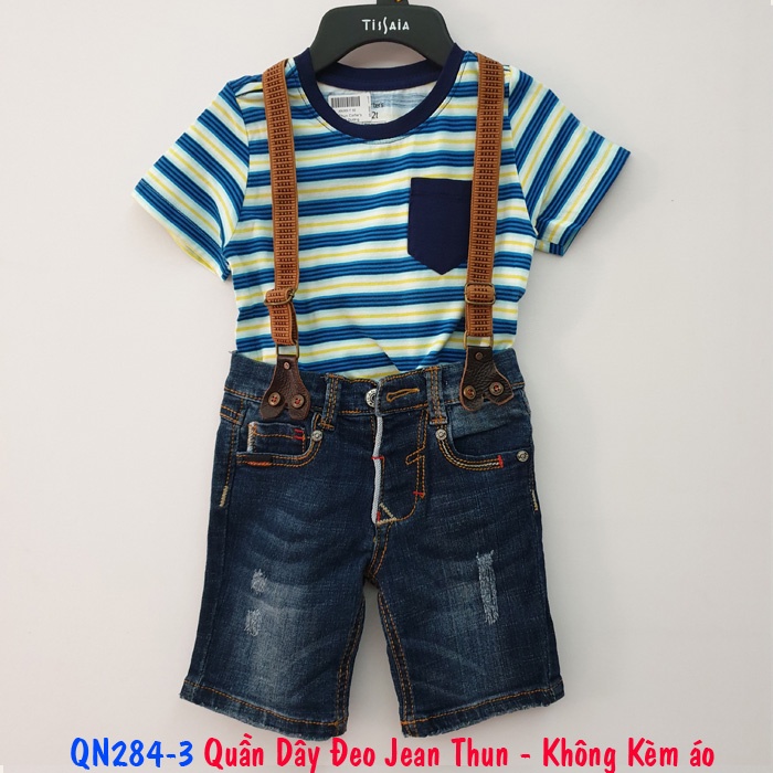 Quần dây đeo vải jean thun mềm siêu co giãn cho bé từ 18kg đến 34kg màu xanh vừa KHÔNG KèM áO