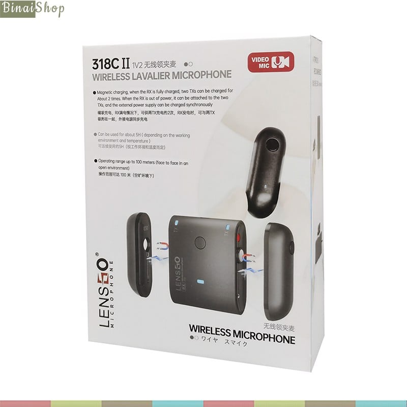 Lensgo 318C II - Micro Cài Áo Không Dây 2.4GHz, Trang Bị Eco, Tích Hợp Sạc RX, Cho Smartphone, Máy Ảnh Máy Quay, Phạm Vi