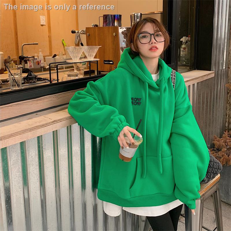 Áo hoodie Dáng Rộng Lót Nhung Dày Dặn Màu Xanh Lá Thời Trang Thu Đông 2022 Mới Cho Nữ