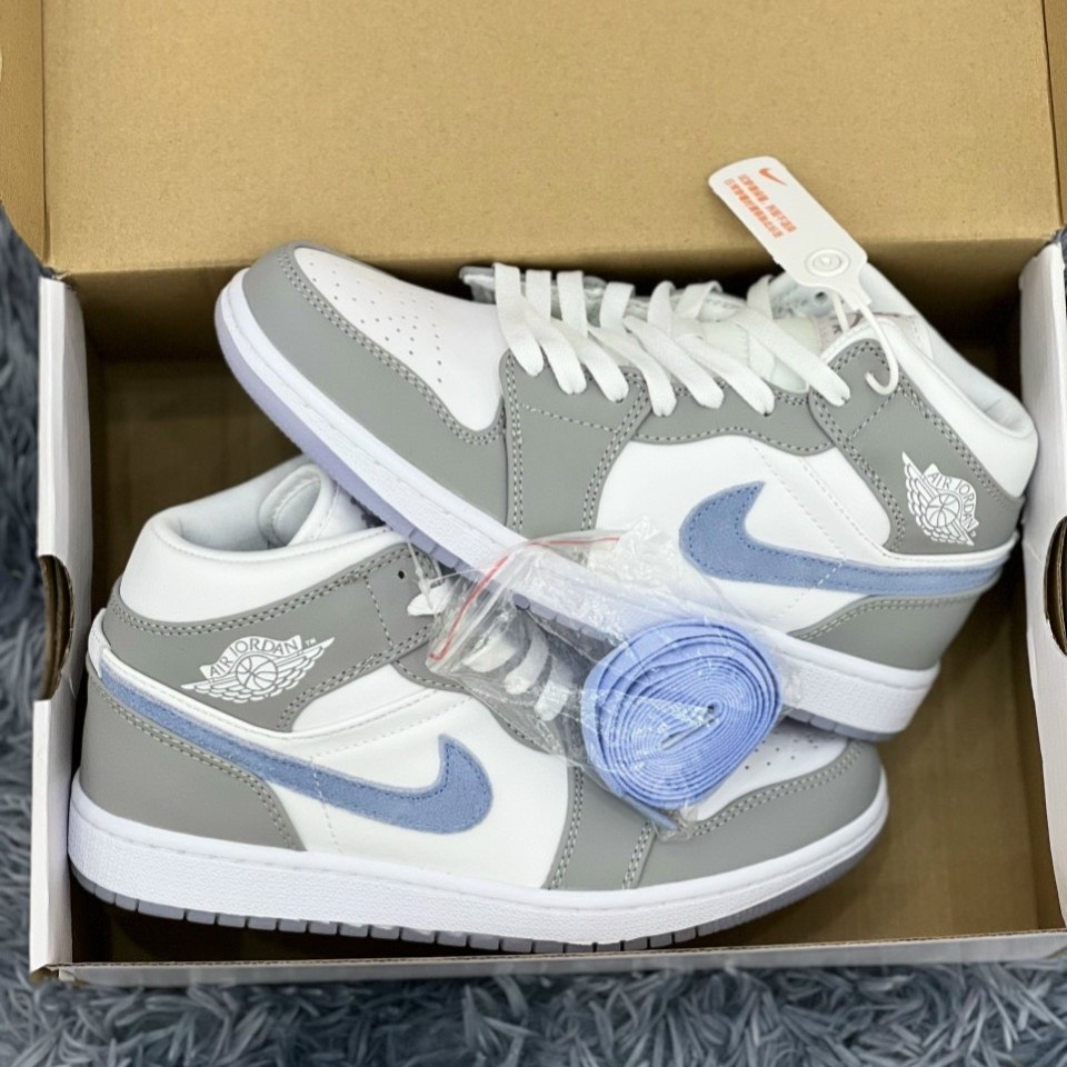 Giày Nike Air Jordan 1 Mid Wolf Grey (Xám/Trắng/Xanh) - Phiên bản high quality | Hype Sneaker.