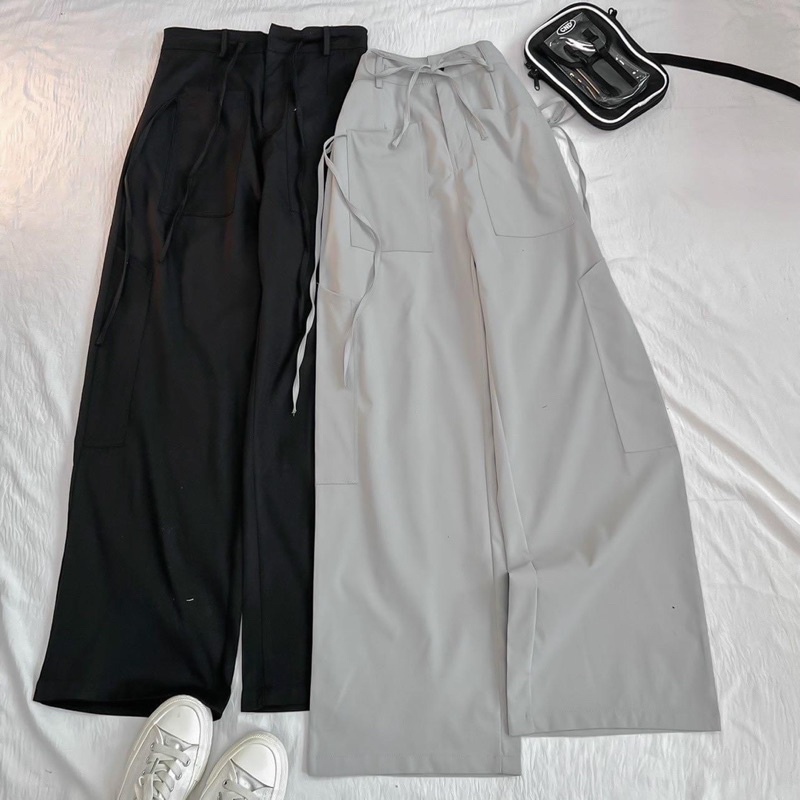 Quần kaki lưng cao DÂY RÚT 2 bên màu ĐEN/XÁM vải mềm dài suông ống rộng