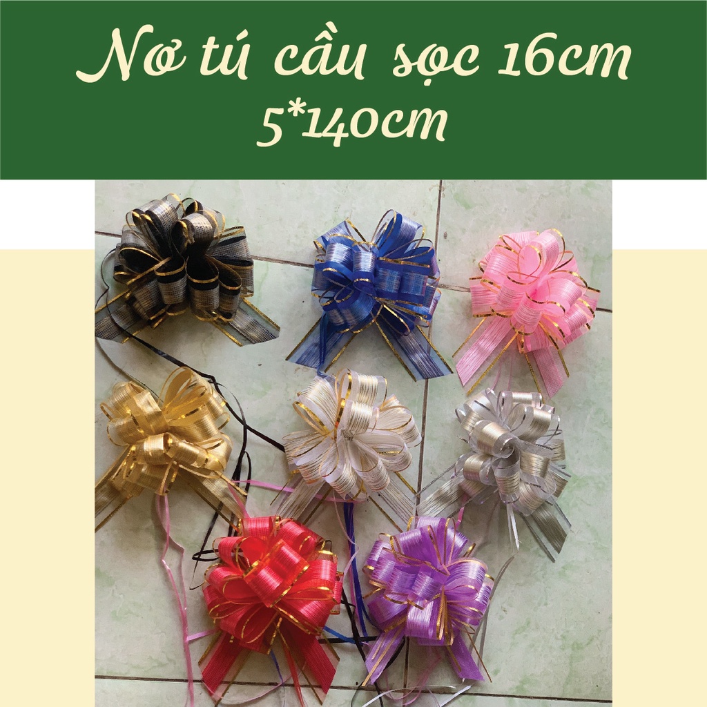 10 Nơ tú cầu lớn sọc voan viền vàng nhiều màu 5x140cm