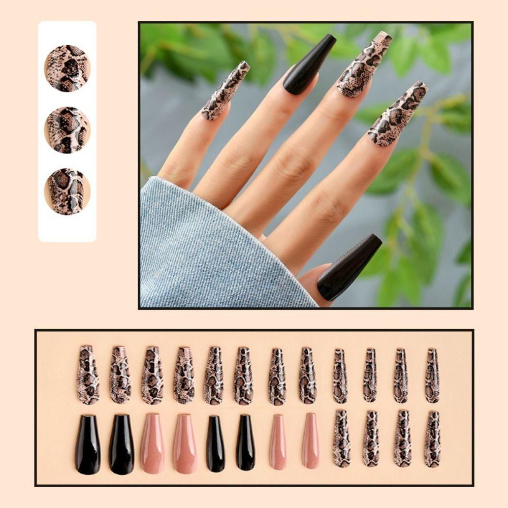 Bộ 24 Móng Tay Giả DIY Dạng Nhấn Họa Tiết Da Rắn Lấp Lánh Bảo Vệ Toàn Diện Có Thể Tháo Rờ
