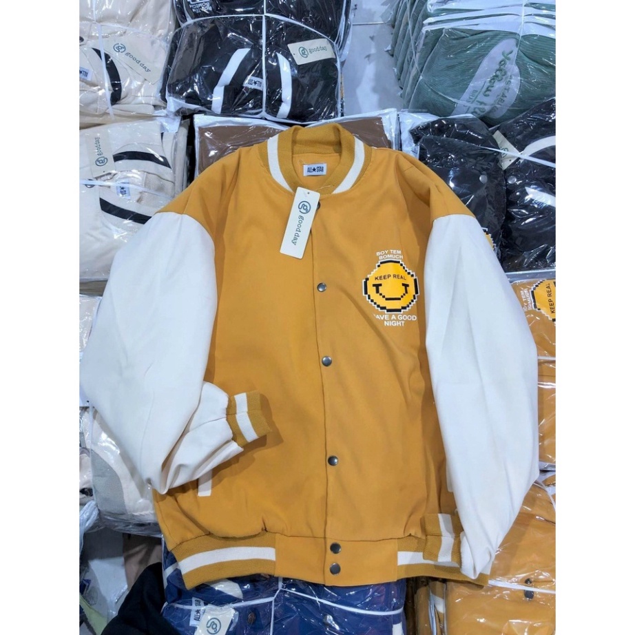 Áo Khoác Bomber In Nổi Mặt Cười Vải Da Lộn Kèm Ảnh Thật GKT48