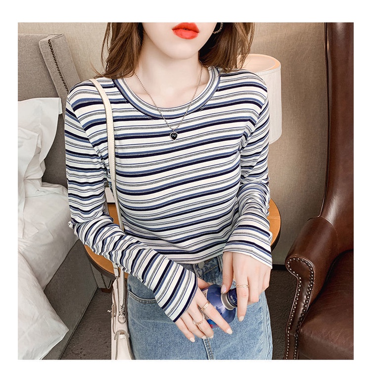 Áo Thun Tay Dài Dáng Ôm Họa Tiết Kẻ Sọc Màu Sắc Tương Phản Thời Trang Xuân Thu  Có Size Lớn Cho Nữ