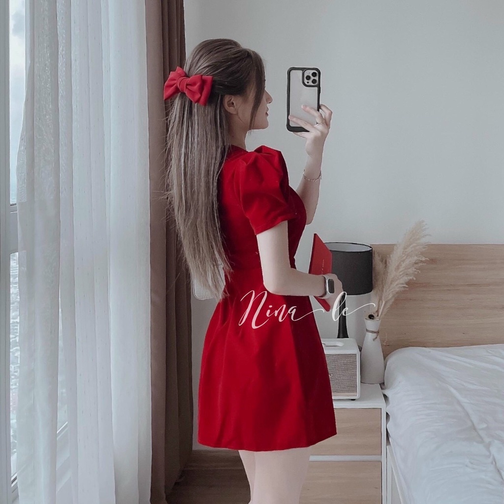 [12.12 Sales Freeship] Đầm nhung cổ vuông tay phồng đính đá đi tiệc, đầm nhung chữ A đơn giản đính cườm dễ thương