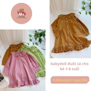 Váy bé gái, váy bé gái thu đông,váy Mushi dài tay đuôi cá cổ sen thêu hoa nhí cho bé gái 1-6 tuổi