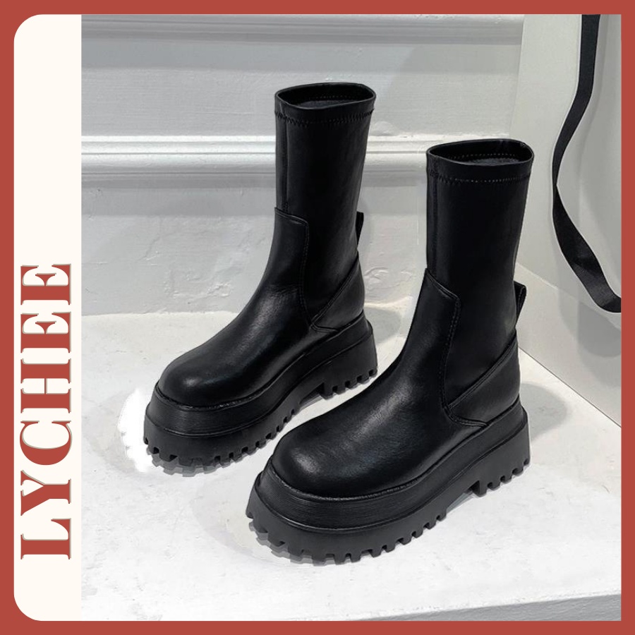 Boot da đế bánh mì dày 7cm, bốt nữ cổ lửng thời trang cá tính, bốt đế dày boost cao cổ đế bánh mì