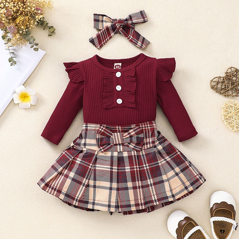 Combo bộ đồ bé gái 0-18 tháng Tay Dài Kèm Chân Váy Caro Màu Đỏ bodysuit liền thân set thời trang cho bé trẻ em sơ sinh