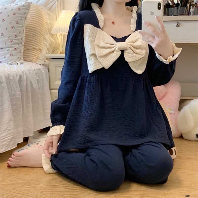 Đồ Ngủ Style Hàn Quốc Tiểu Thư XÔ MUSLIN Nơ Ulzzang