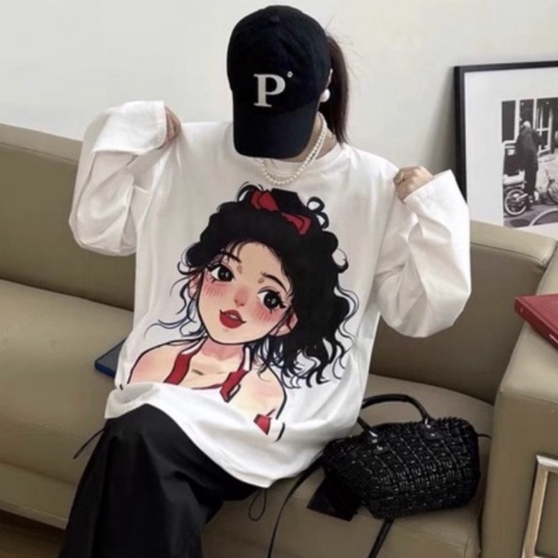 Áo Thun Tay Dài Dấu Quần in Hình CÔ GÁI TÓC XOĂN DỄ THƯƠNG, Áo siêu cute cá tính.