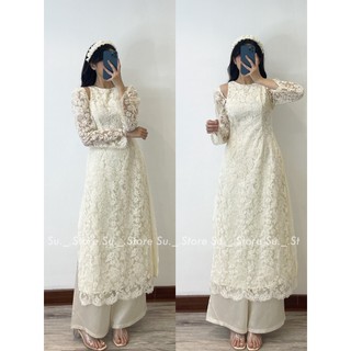 Set áo dài cách tân hoa ren khoét vai kèm quần lụa A2544 SUSTORE